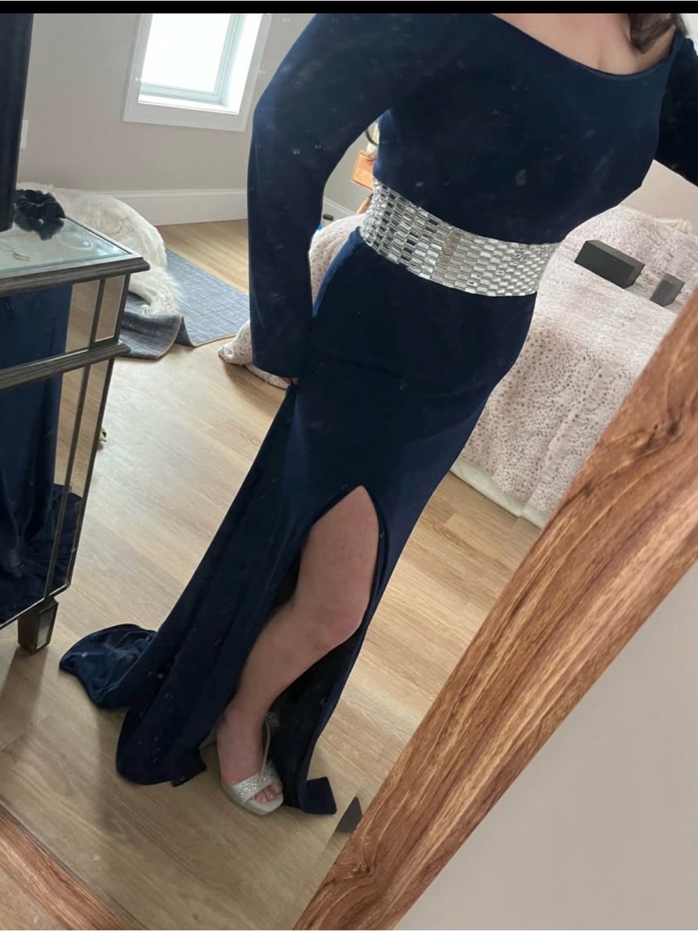 JVN by Jovani Navy Long Sleeve Gown with Silver Embellished Waist